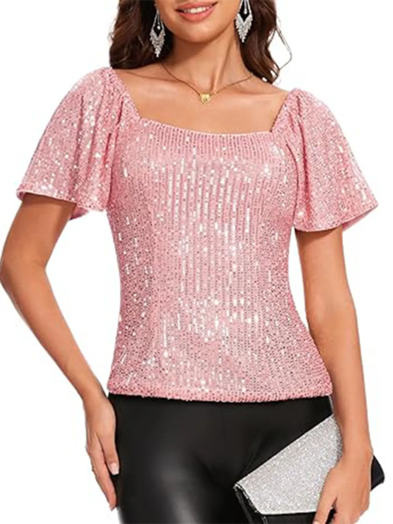 Square Neck Sequin Short Sleeve Blouse - Image 8