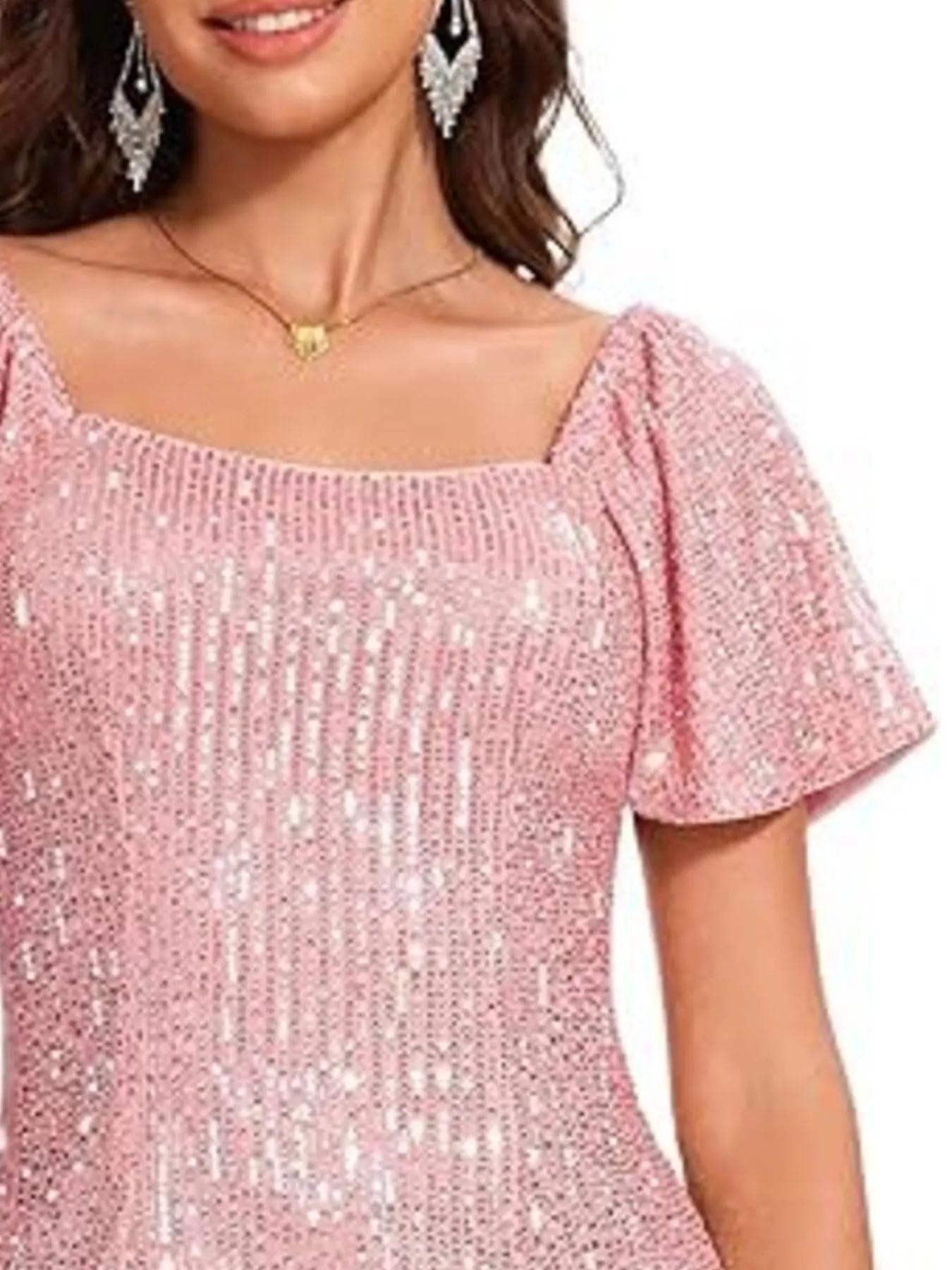 Square Neck Sequin Short Sleeve Blouse - Image 9