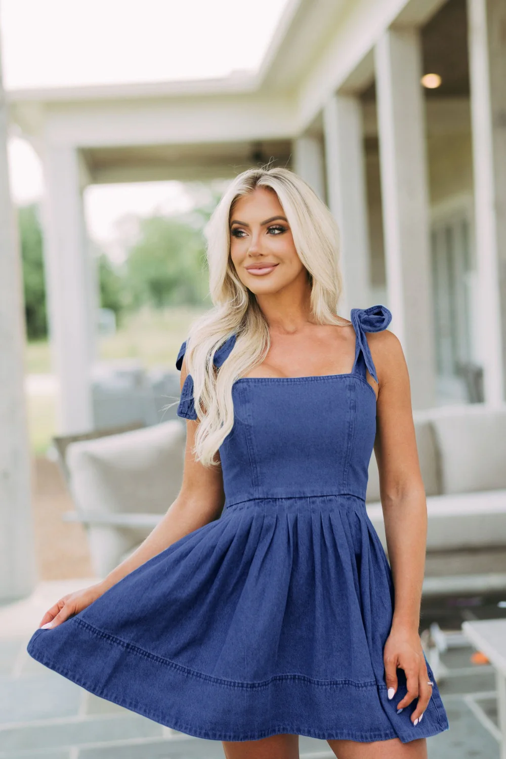Square Neck Tie Shoulder Denim Dress - Image 8