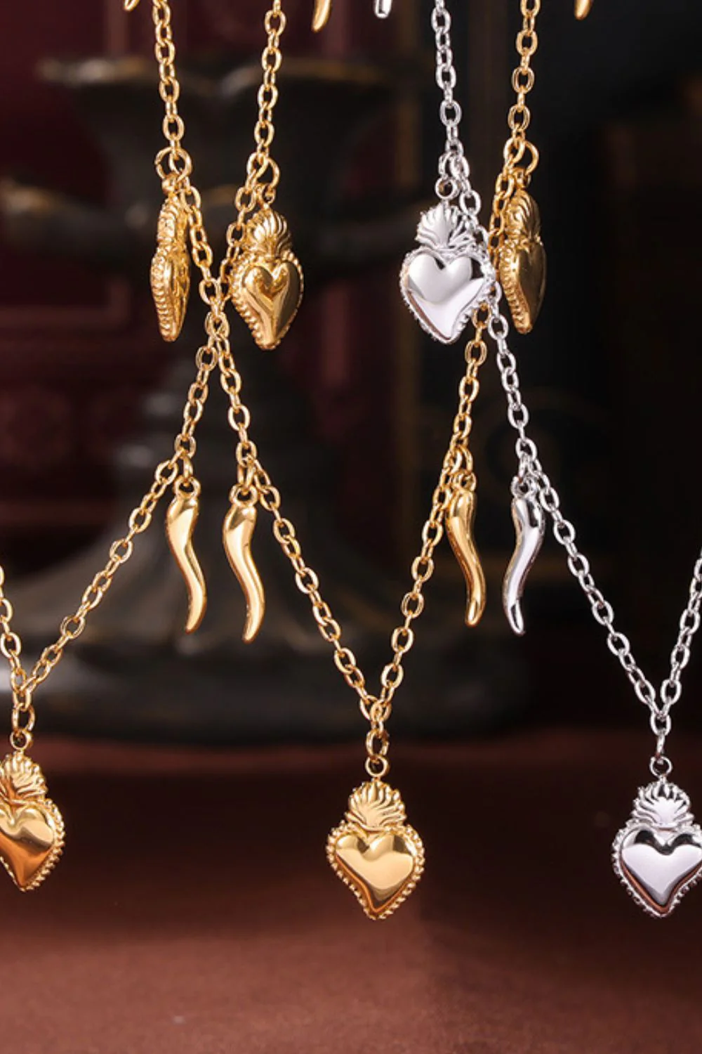 Stainless Steel Heart Charm Bracelet and Necklace Set - Image 3