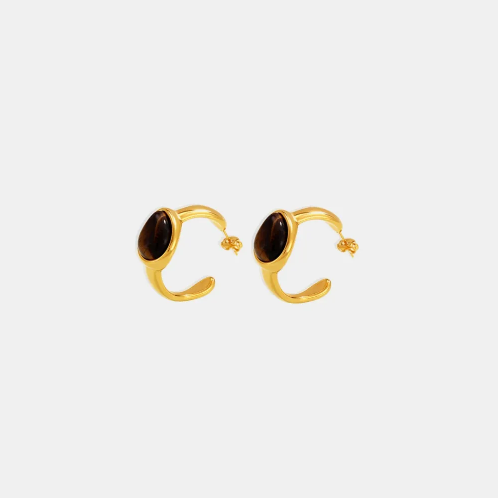 Stainless Steel Natural Tiger's Eye C-Hoop Earrings - Image 4