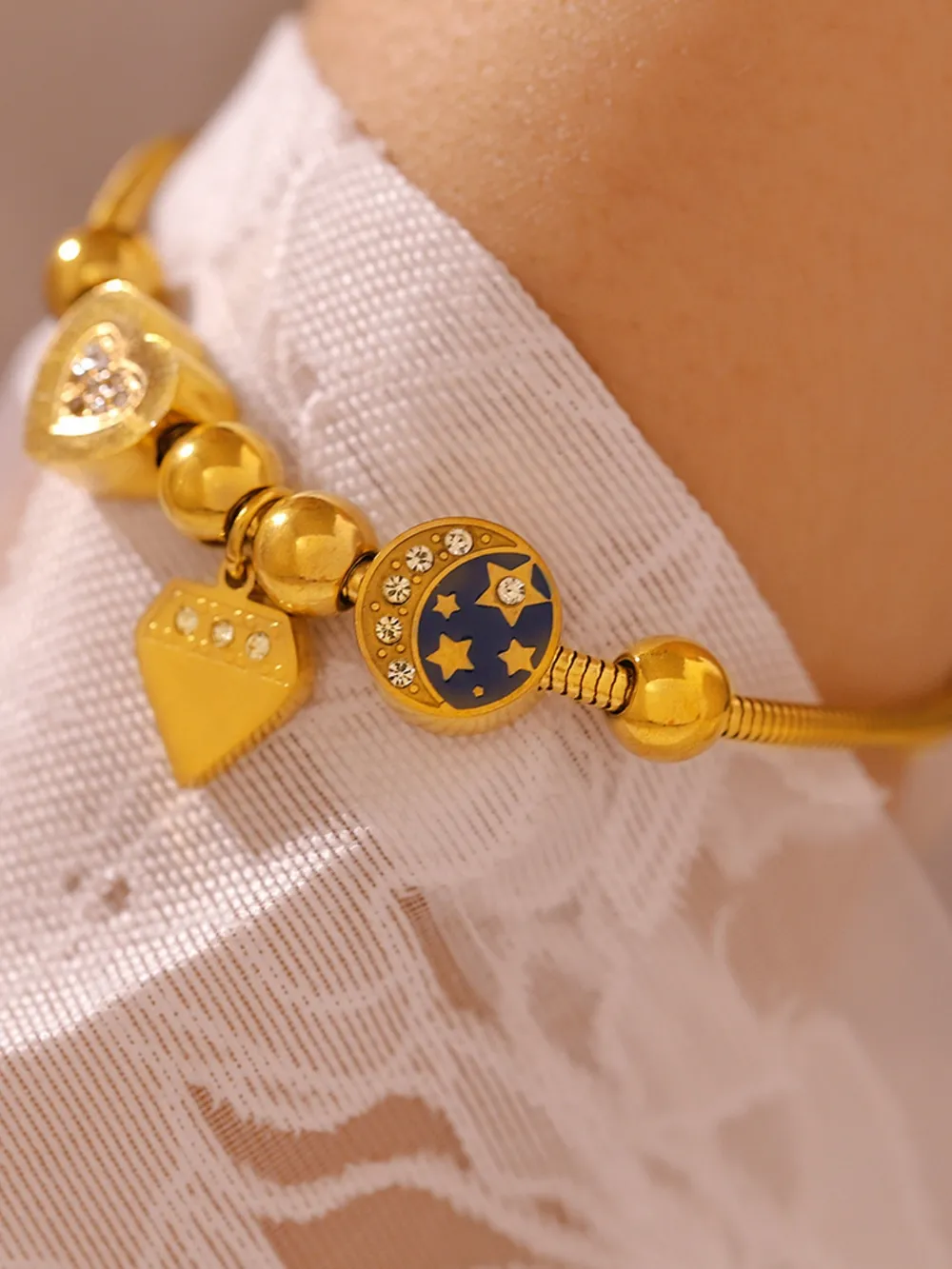 Stainless Steel Rhinestone Charm Bracelet - Image 2