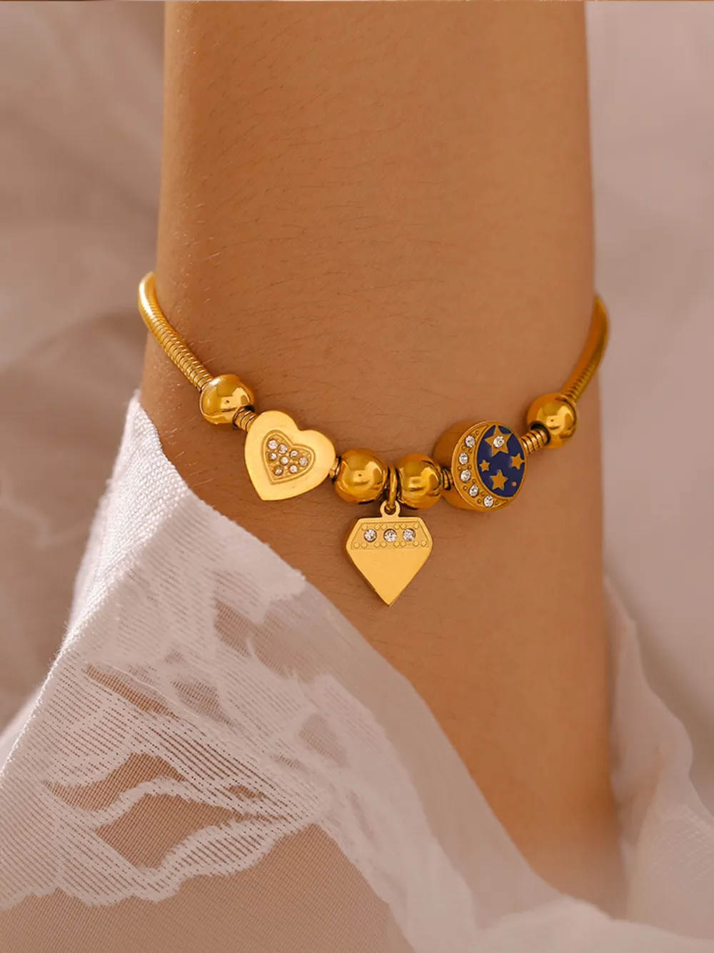 Stainless Steel Rhinestone Charm Bracelet - Image 3