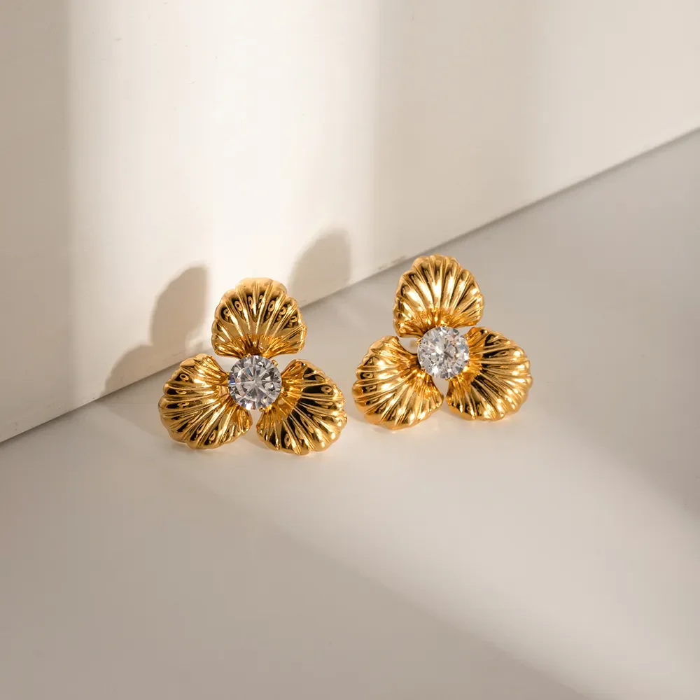 Stainless Steel Zircon Flower Shape Earrings - Image 2
