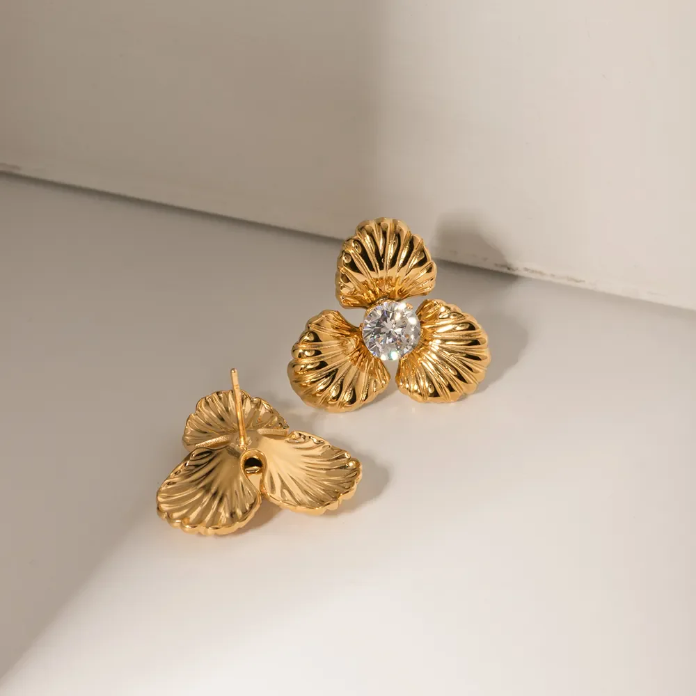 Stainless Steel Zircon Flower Shape Earrings - Image 3
