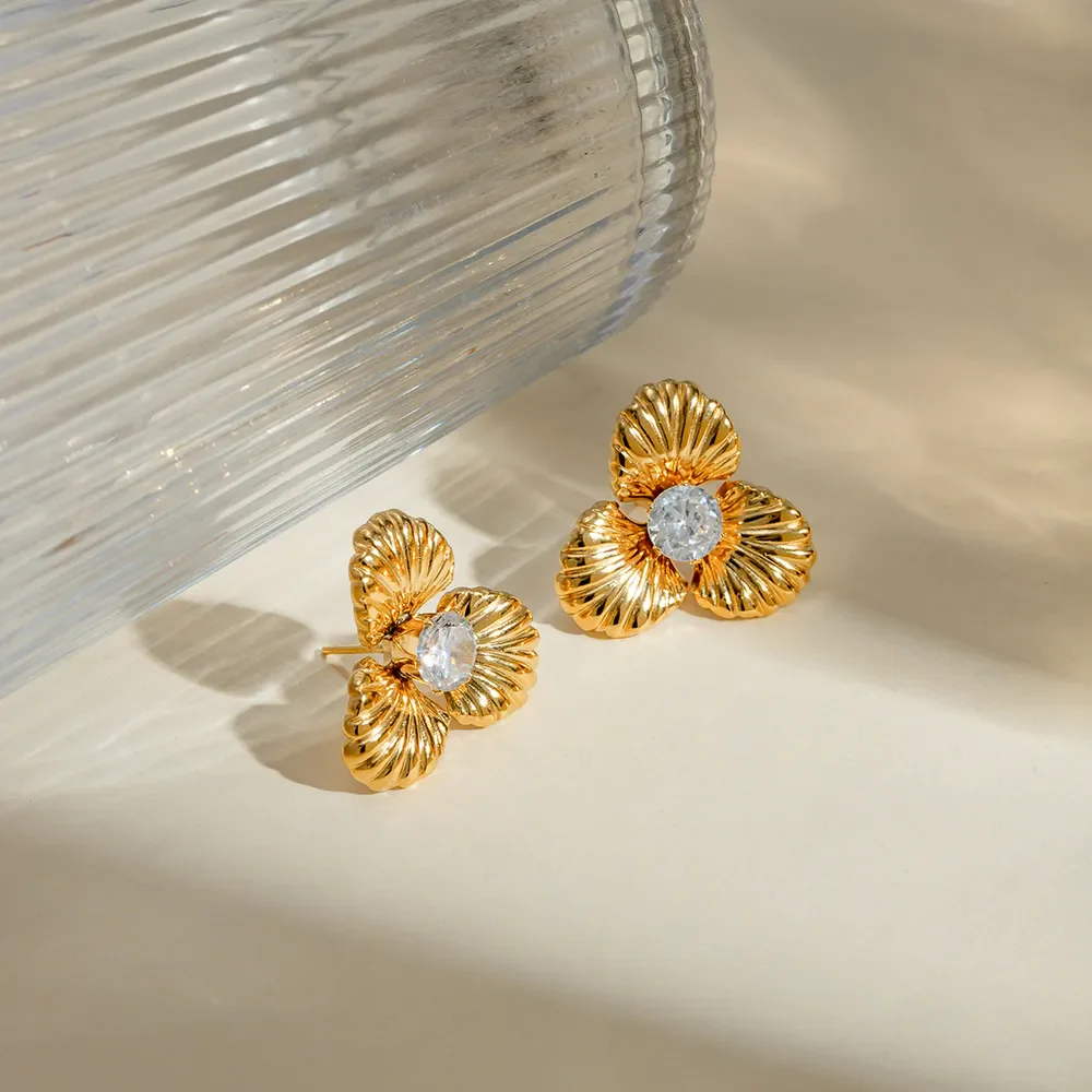 Stainless Steel Zircon Flower Shape Earrings - Image 4