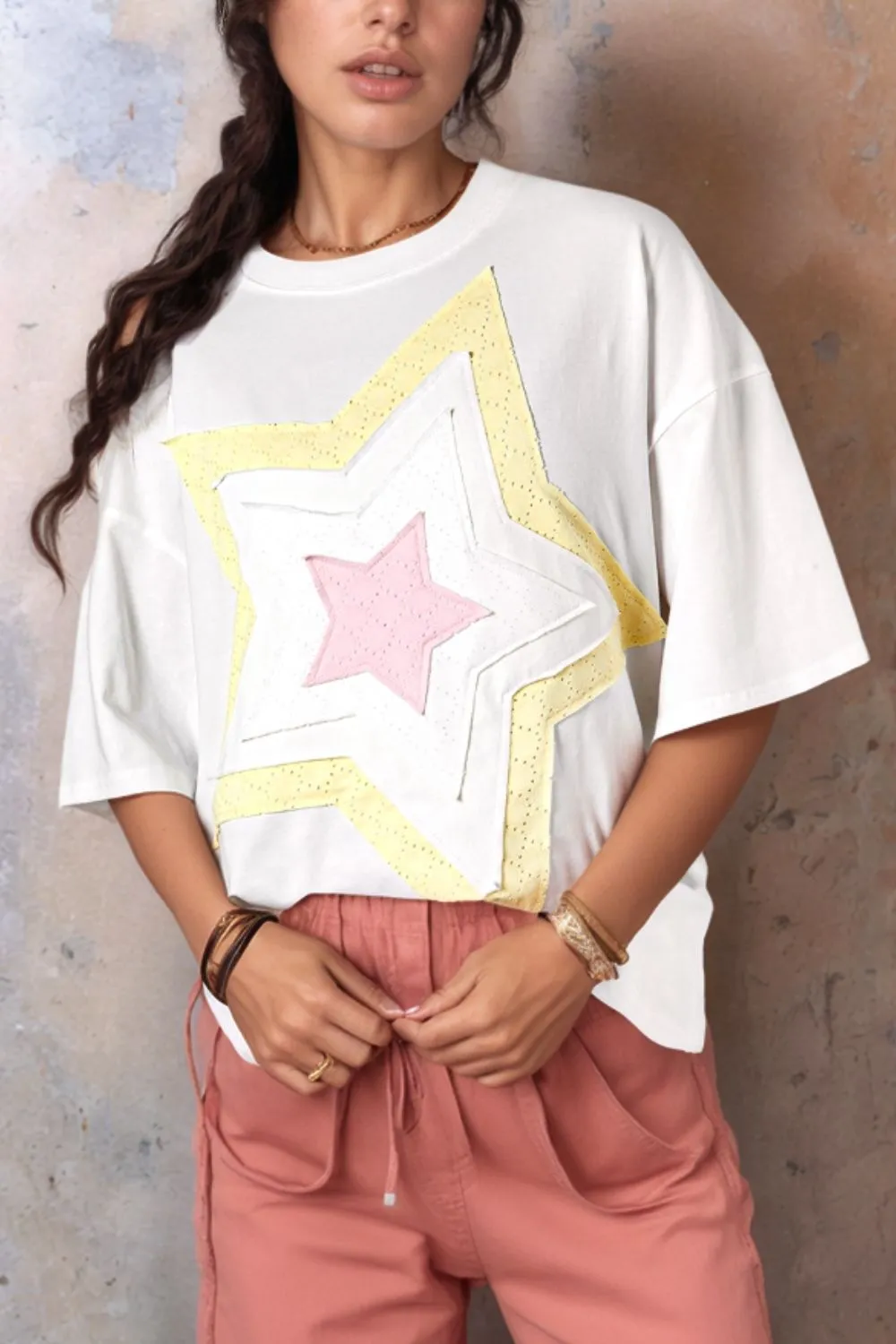 Star Layered Patched Graphic Drop Shoulder Half Sleeve Loose Tee - Image 2