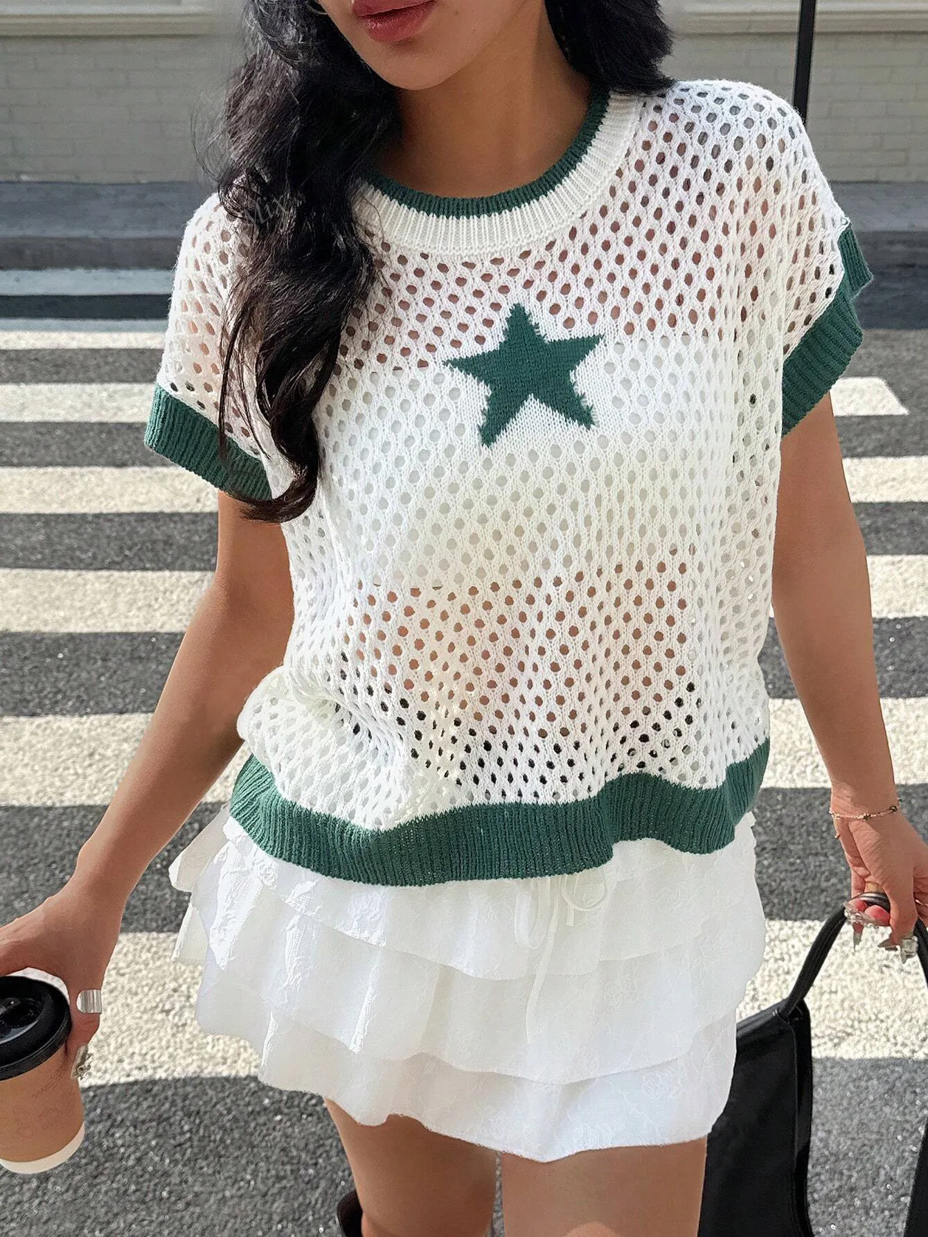 Star Pattern Mesh Knit Short Sleeve Knit Top