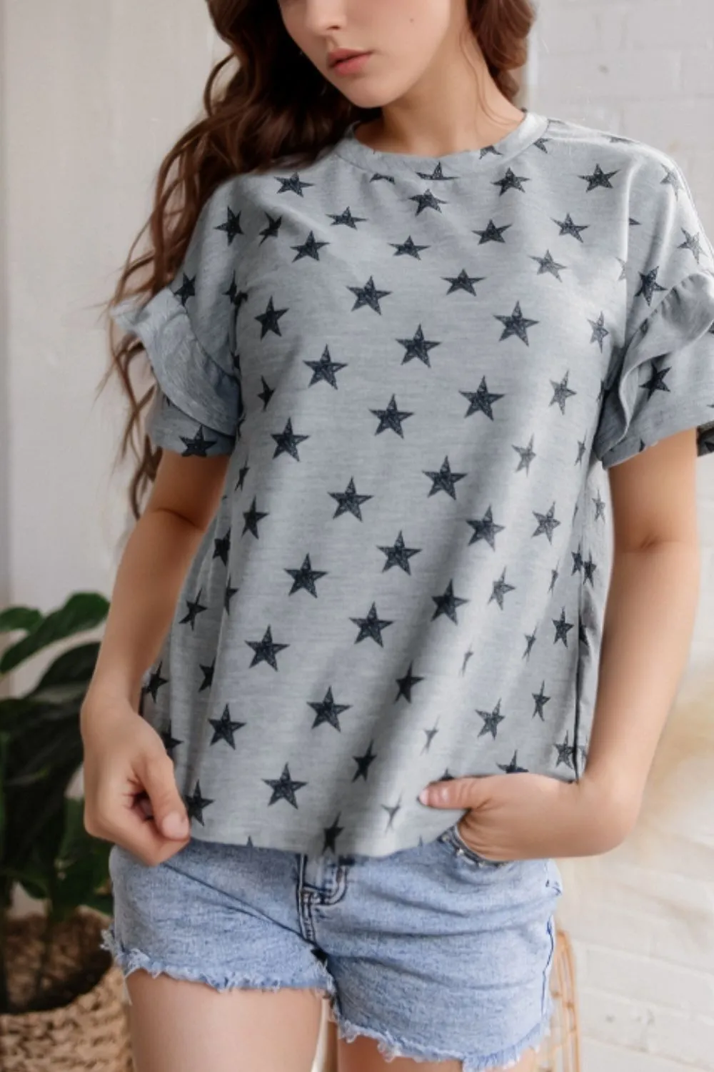 Star Print Tiered Ruffled Sleeve Crew Neck T Shirt - Image 2