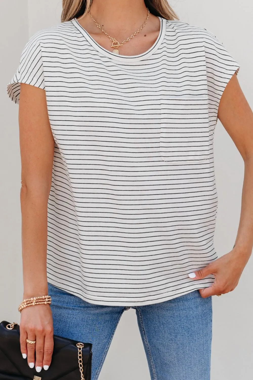 Stripe Cap Sleeve Crew Neck Casual Tee with Chest Pocket - Image 4