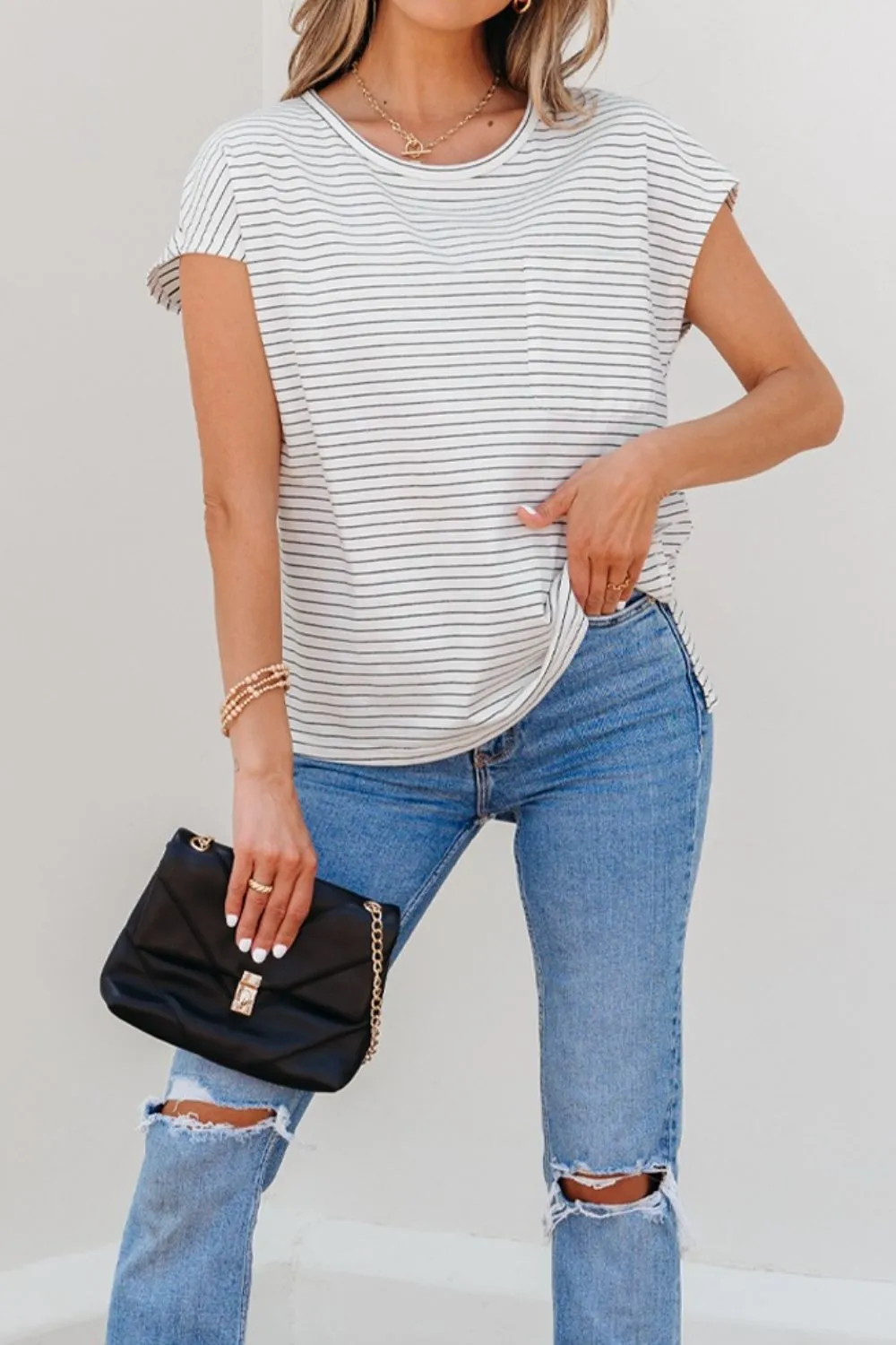 Stripe Cap Sleeve Crew Neck Casual Tee with Chest Pocket - Image 5