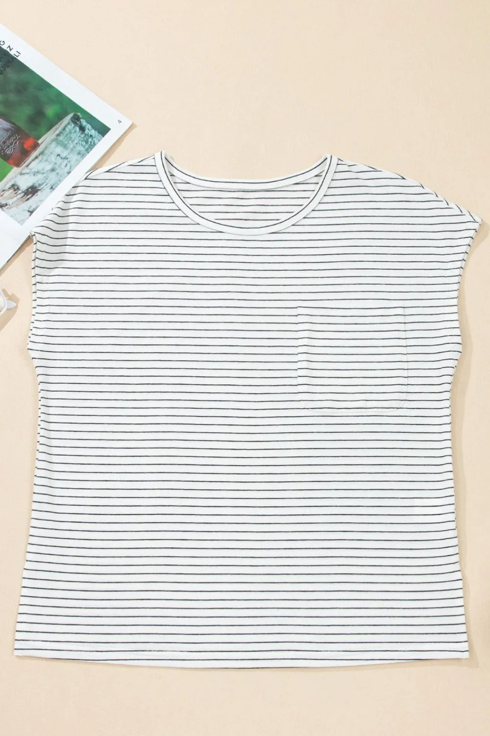 Stripe Cap Sleeve Crew Neck Casual Tee with Chest Pocket - Image 6