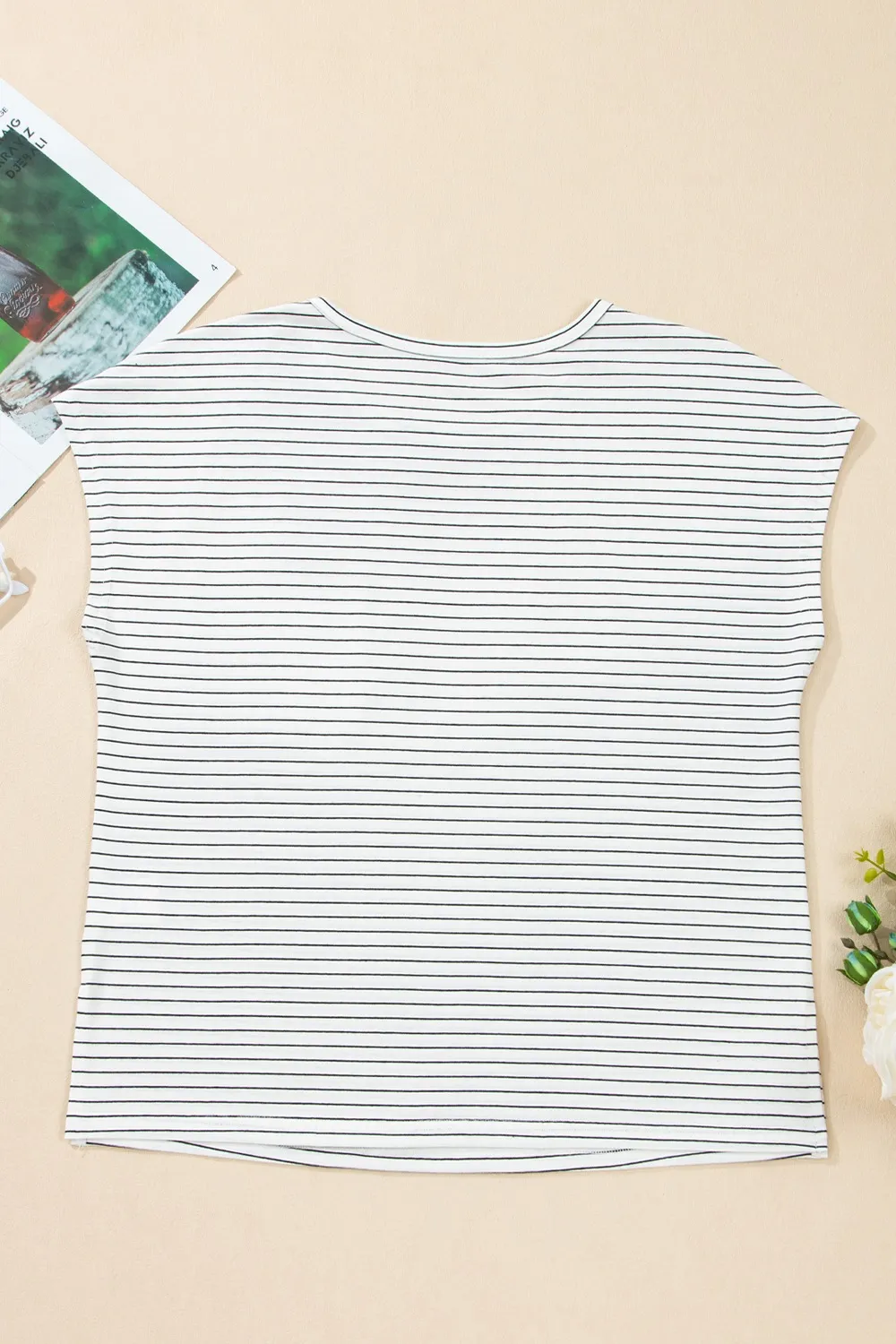 Stripe Cap Sleeve Crew Neck Casual Tee with Chest Pocket - Image 7