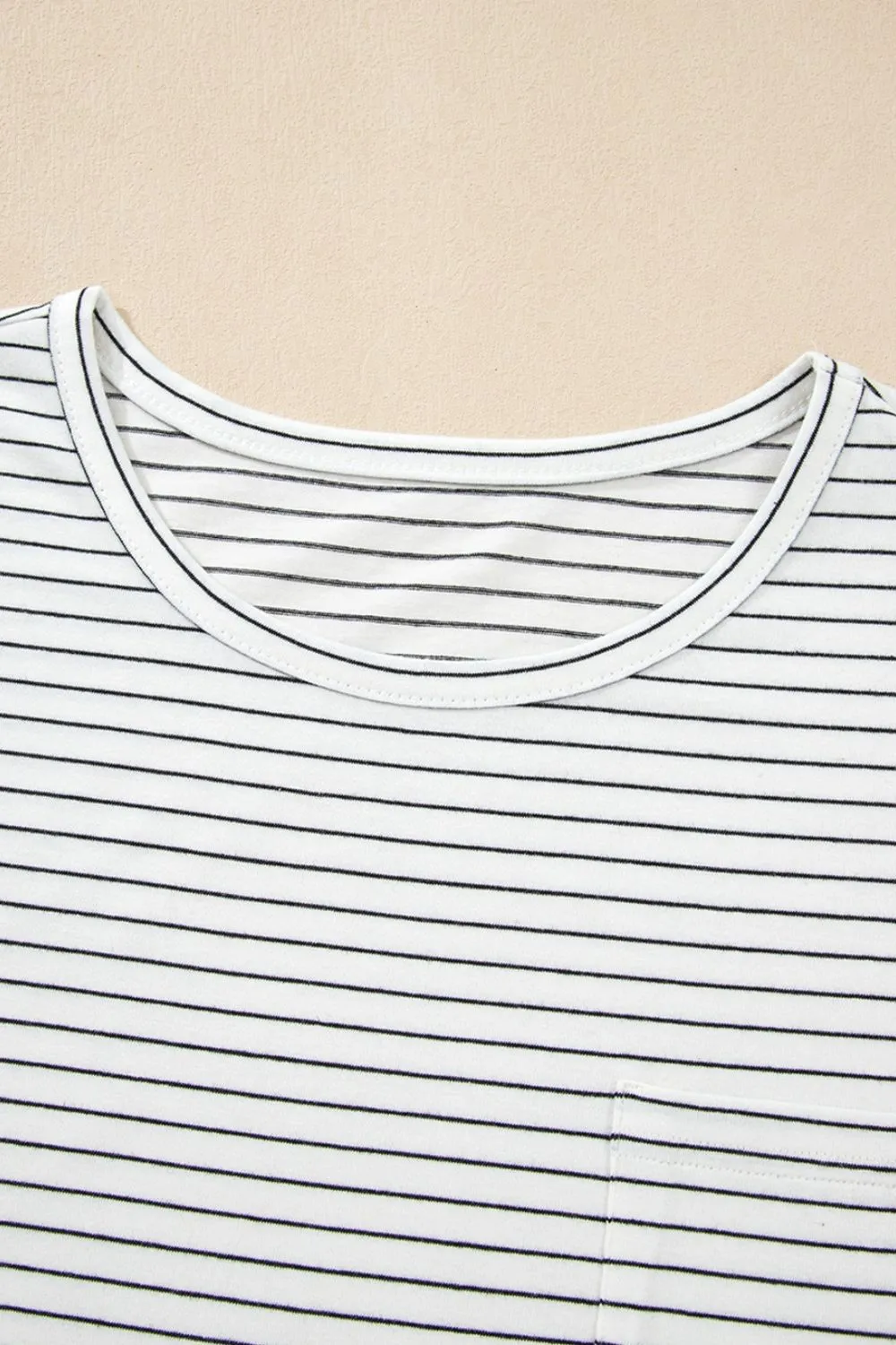Stripe Cap Sleeve Crew Neck Casual Tee with Chest Pocket - Image 8