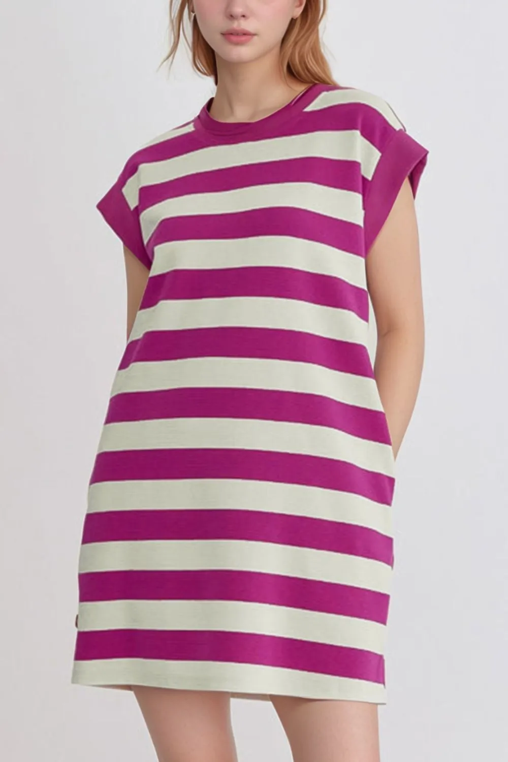 Stripe Cap Sleeve Pocketed Shift Tee Dress - Image 2