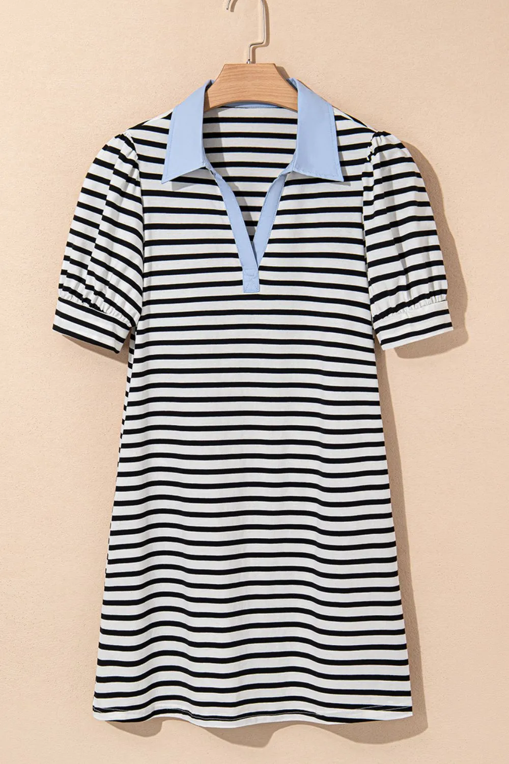 Stripe Contrast V Neck Collared Puff Sleeve T Shirt Mini Dress with Pockets - Image 3