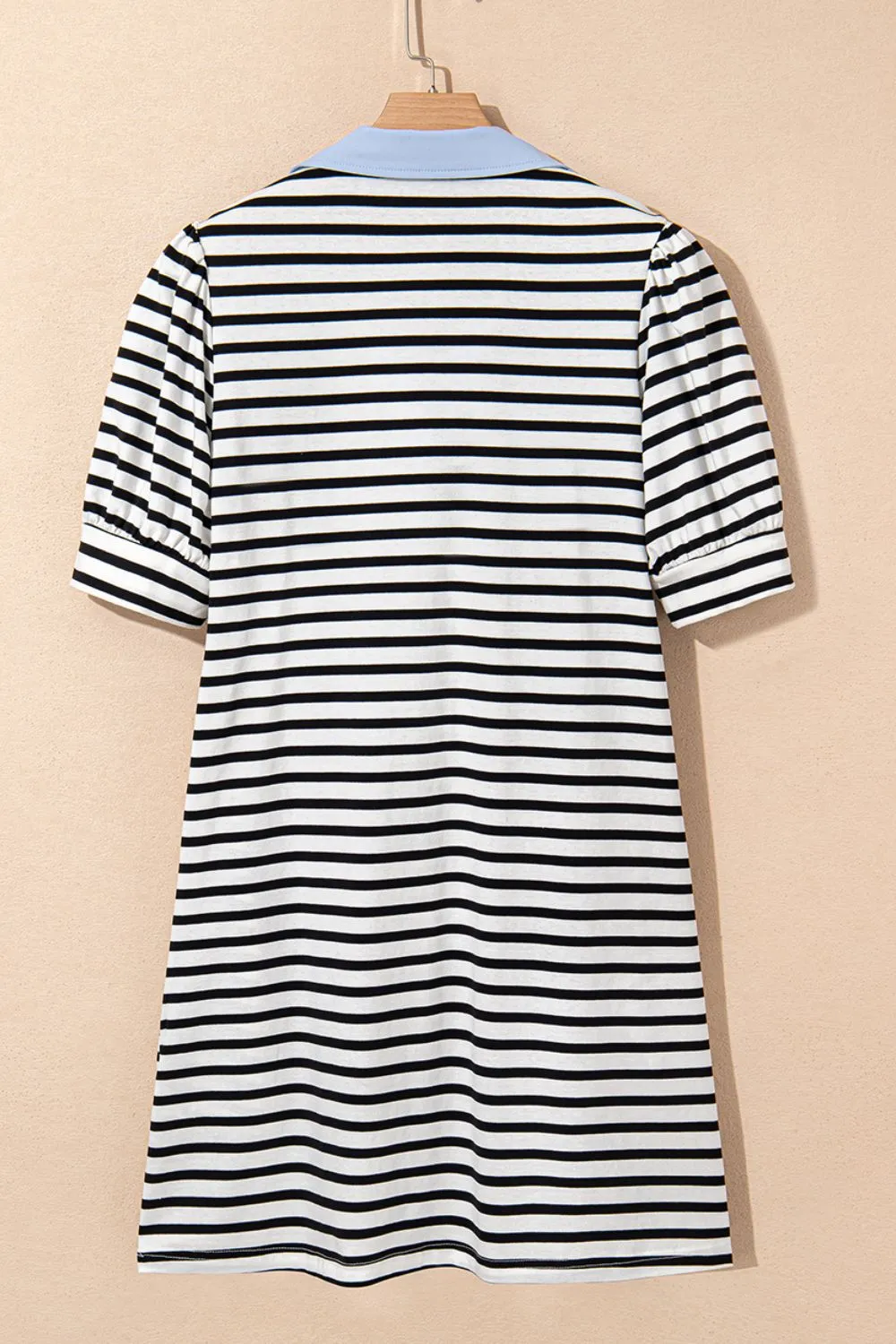 Stripe Contrast V Neck Collared Puff Sleeve T Shirt Mini Dress with Pockets - Image 4