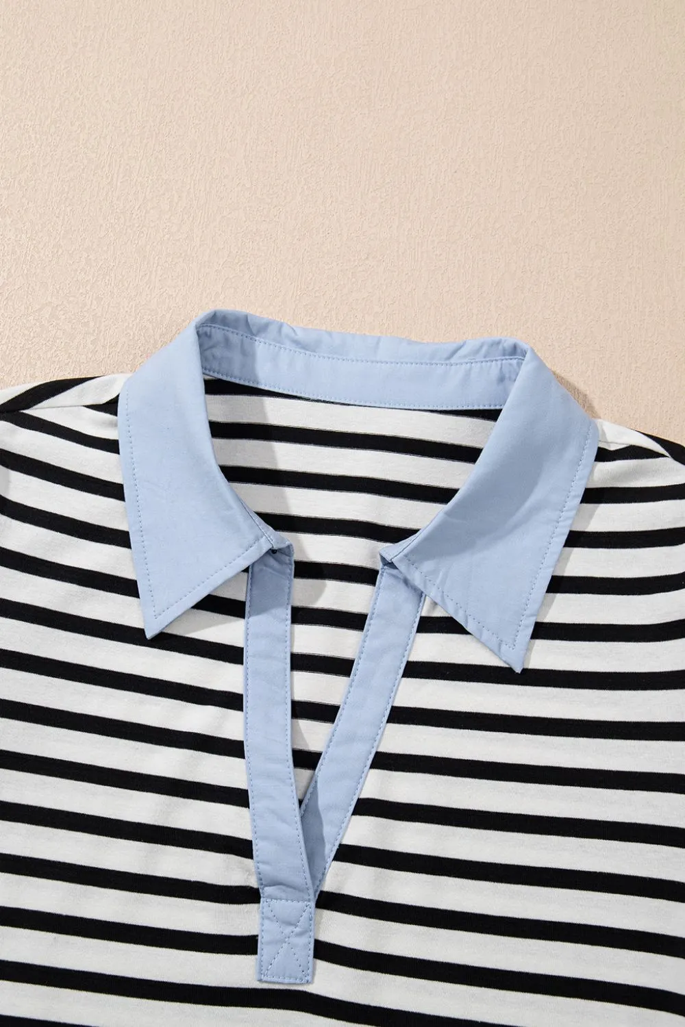 Stripe Contrast V Neck Collared Puff Sleeve T Shirt Mini Dress with Pockets - Image 5