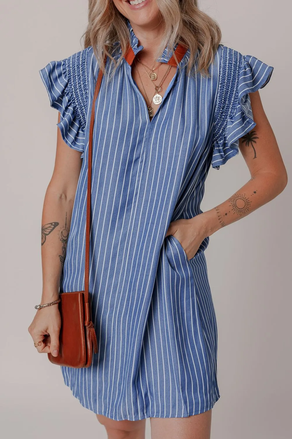 Stripe Frilly Split Neck Shirred Ruffle Sleeve Short Shift Dress - Image 2