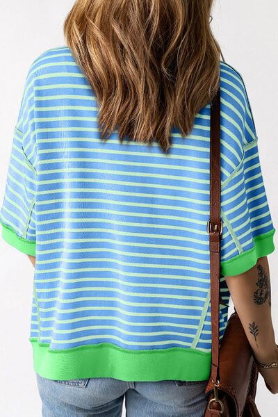 Stripe Oversized Contrast Trim Exposed Seam High Low T Shirt - Image 2