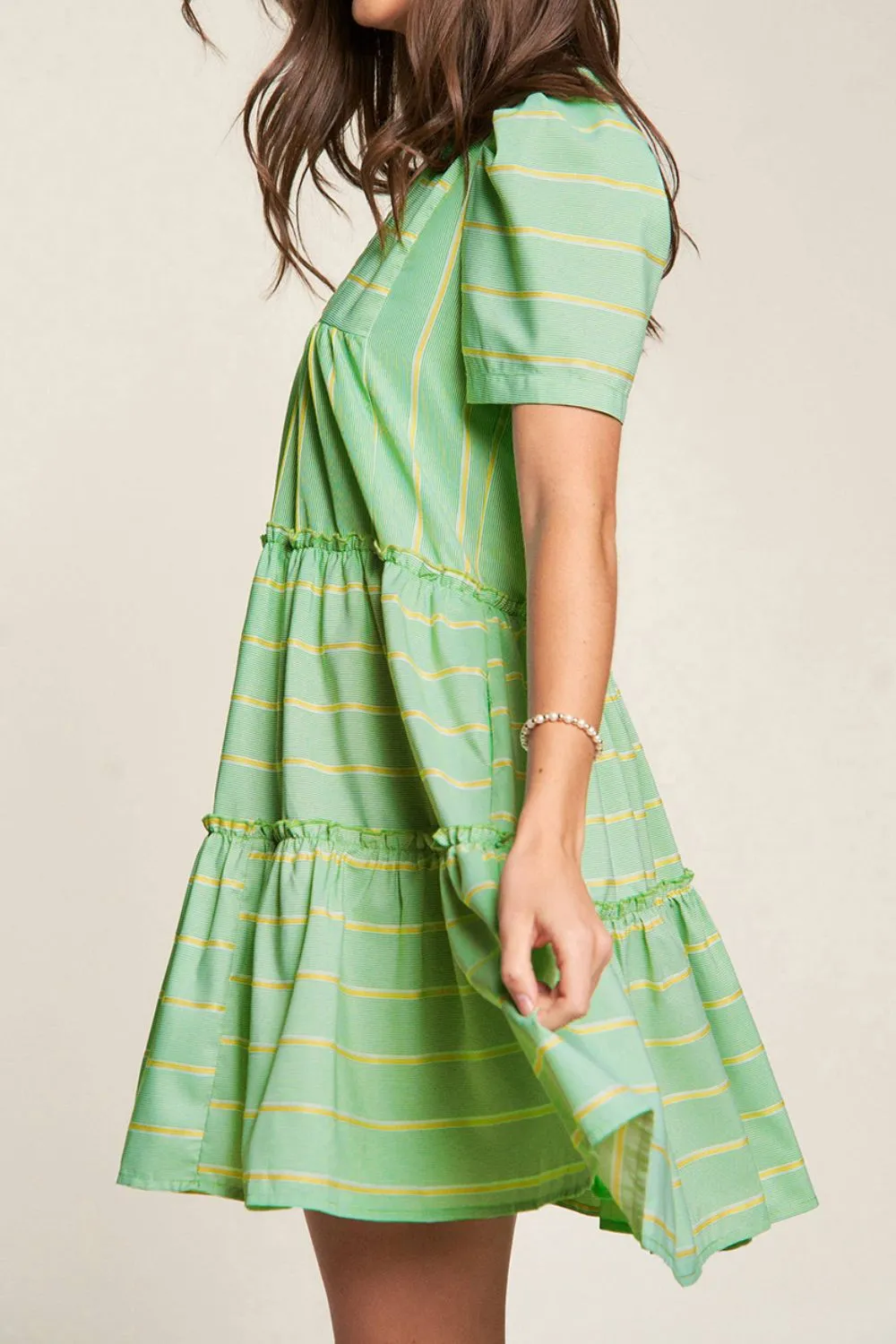 Stripe V Neck Short Sleeve Frilled Detail Dress - Image 3