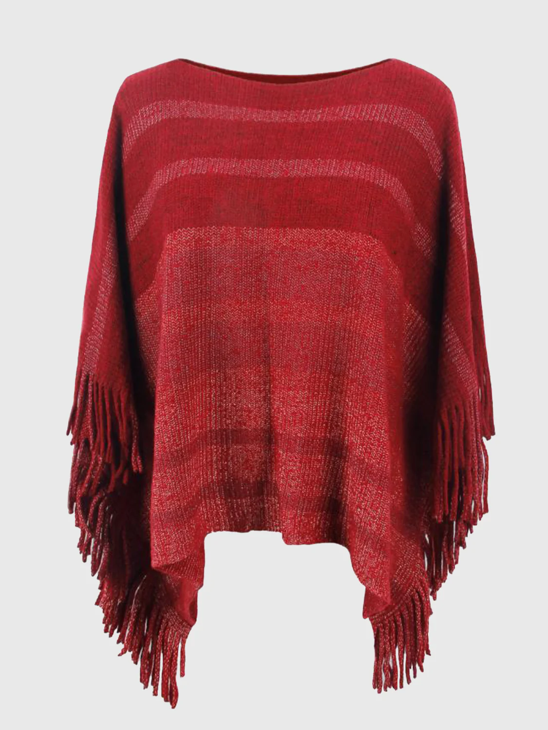 Striped Boat Neck Poncho with Fringes - Image 10