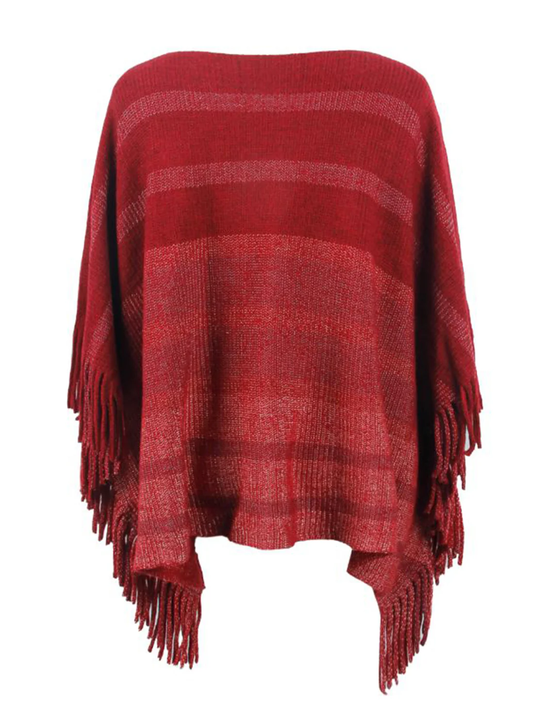 Striped Boat Neck Poncho with Fringes - Image 11