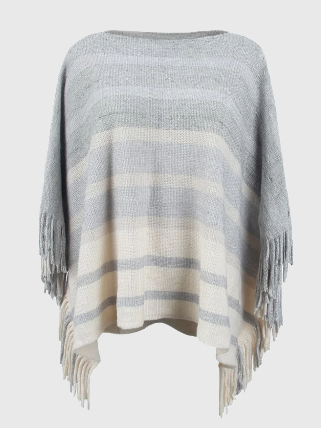 Striped Boat Neck Poncho with Fringes - Image 13