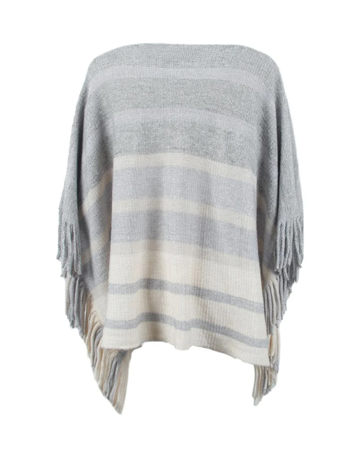 Striped Boat Neck Poncho with Fringes - Image 14