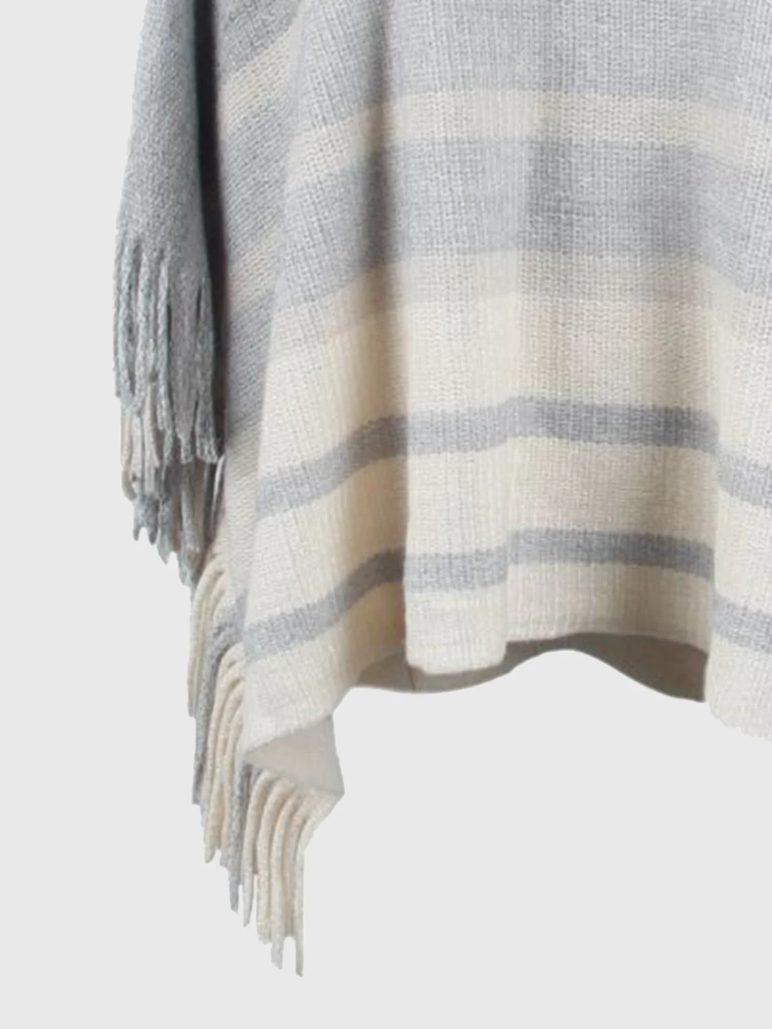 Striped Boat Neck Poncho with Fringes - Image 15