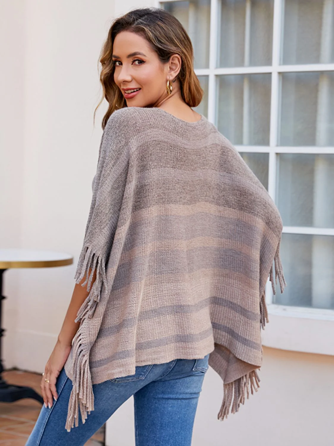 Striped Boat Neck Poncho with Fringes - Image 2