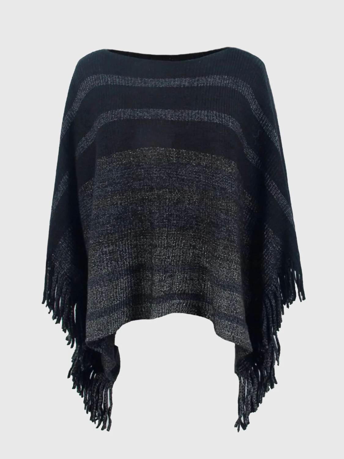 Striped Boat Neck Poncho with Fringes - Image 4
