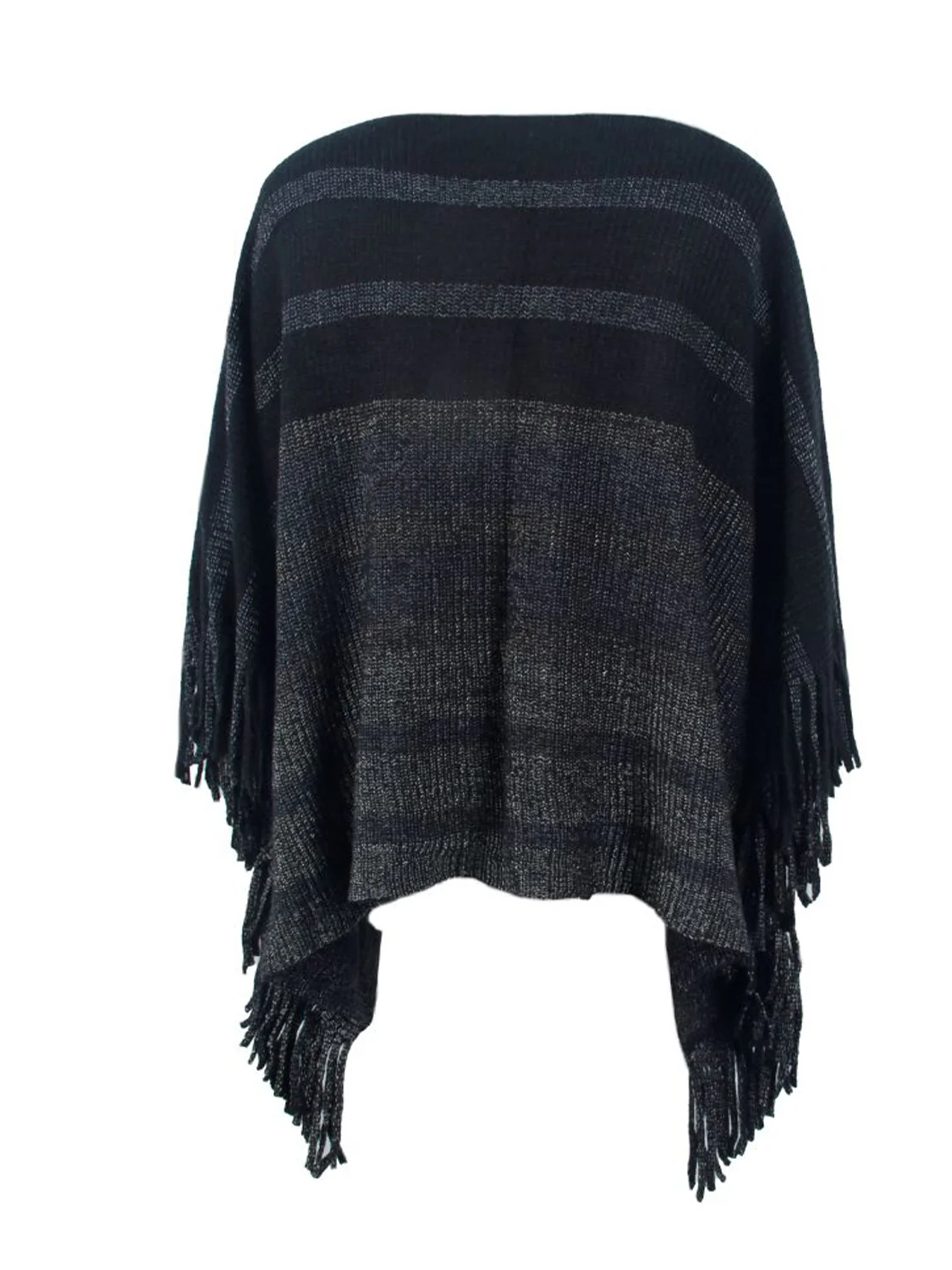 Striped Boat Neck Poncho with Fringes - Image 5