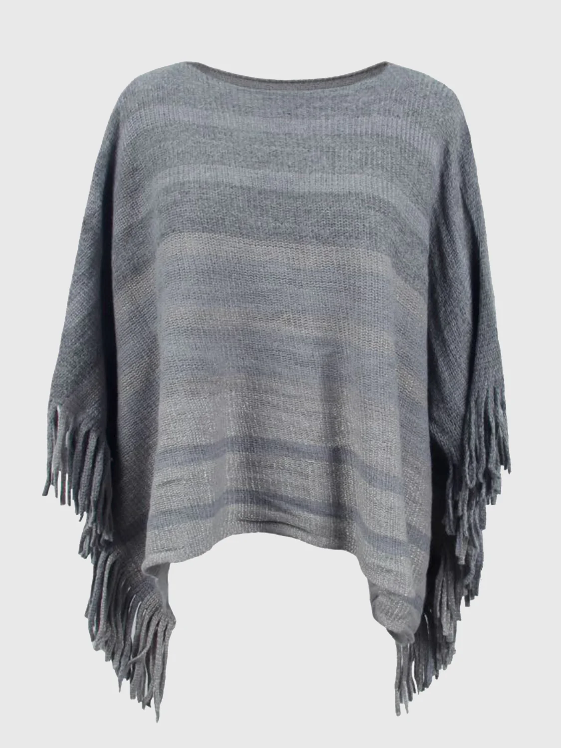 Striped Boat Neck Poncho with Fringes - Image 7