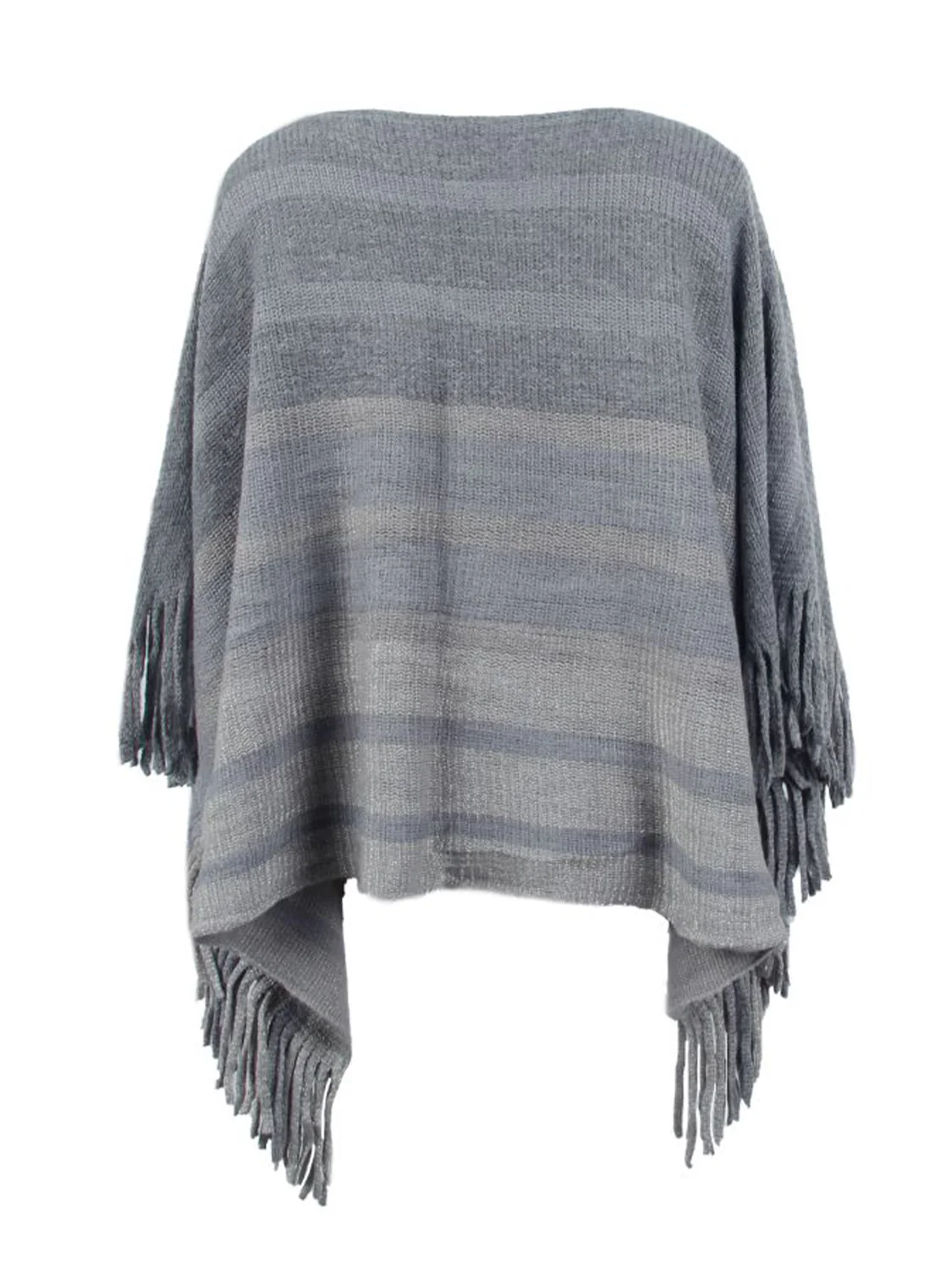Striped Boat Neck Poncho with Fringes - Image 8