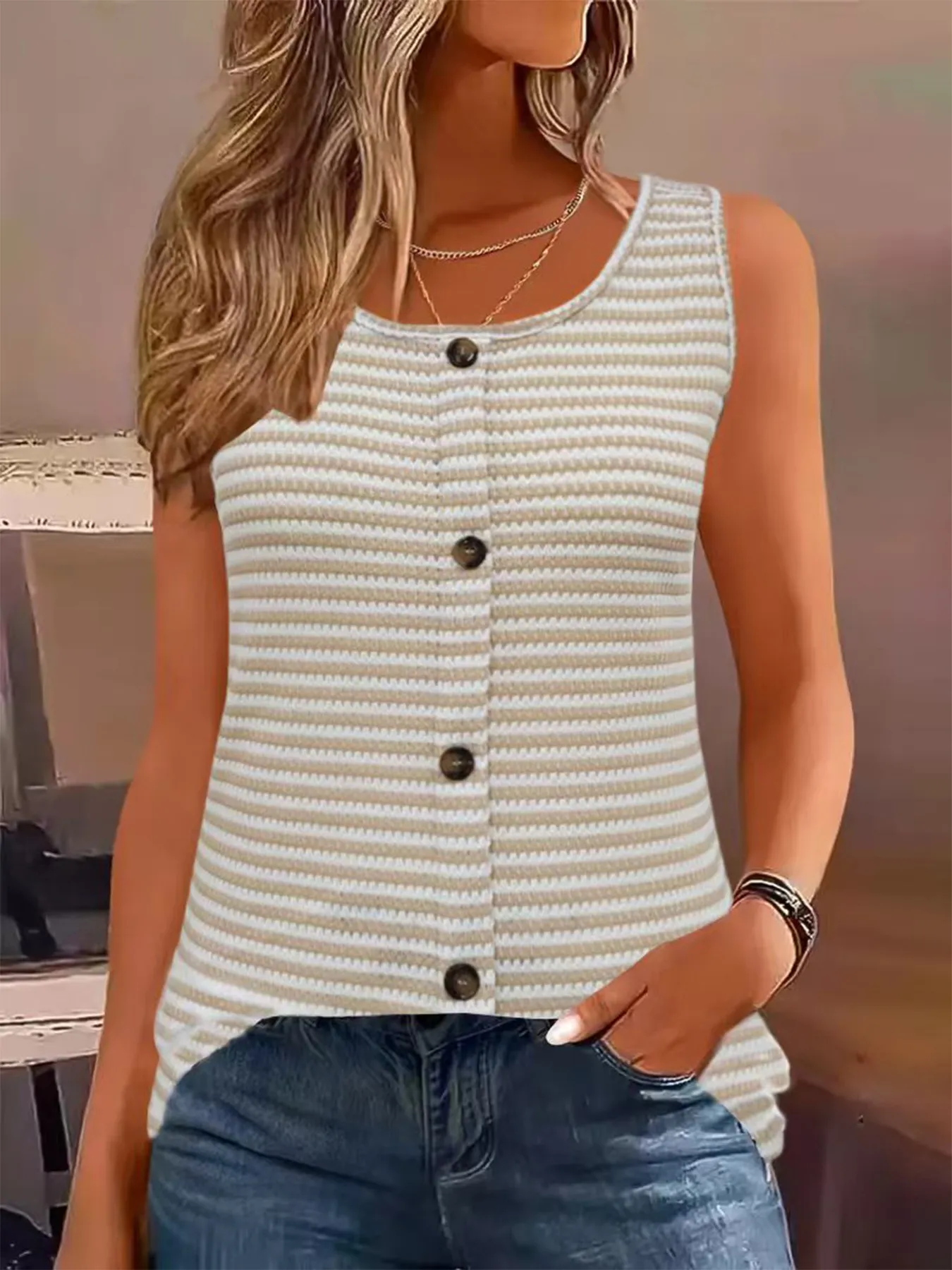 Striped Button Front Knit Tank Top - Image 16