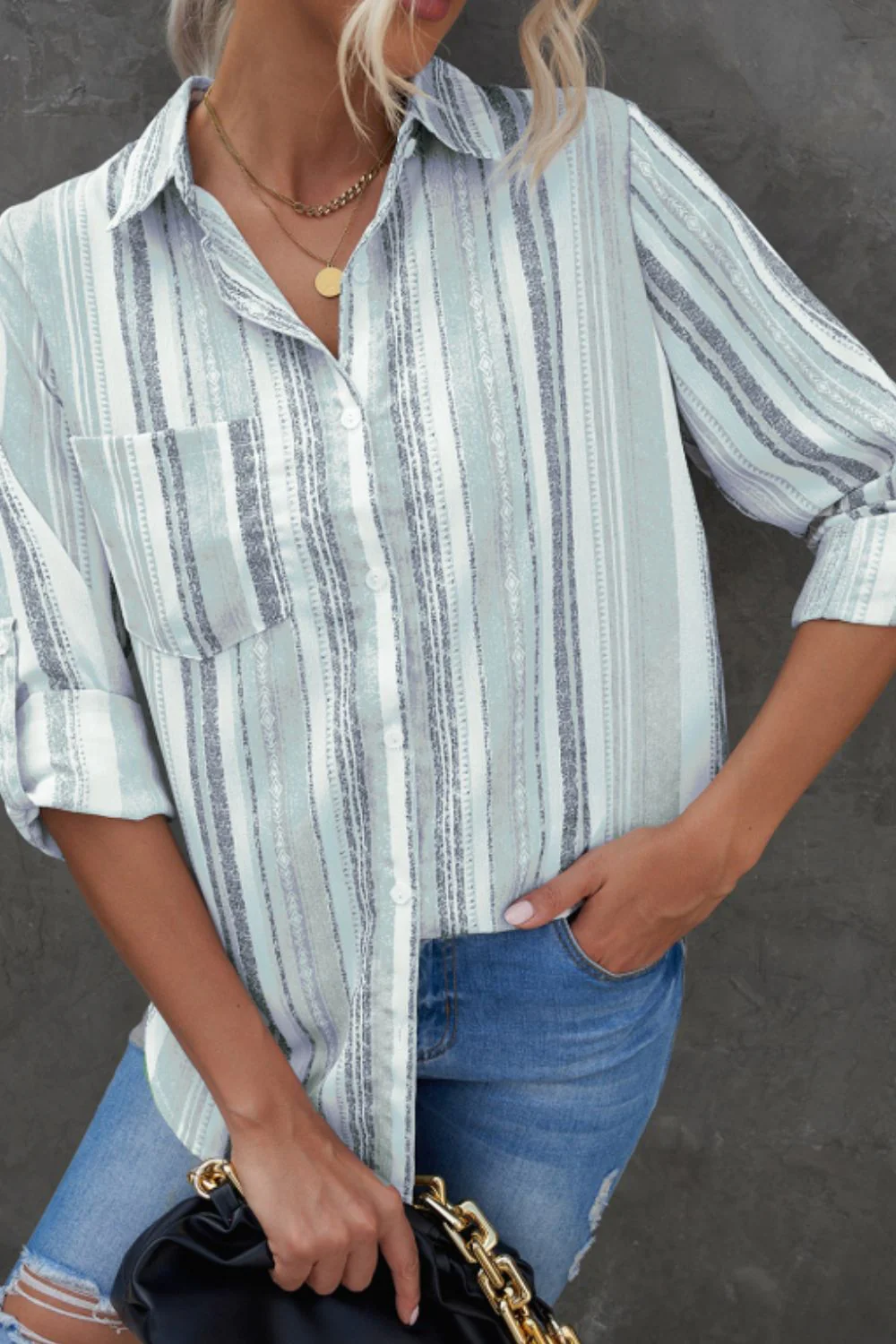 Striped Collared Neck Long Sleeve Shirt - Image 7