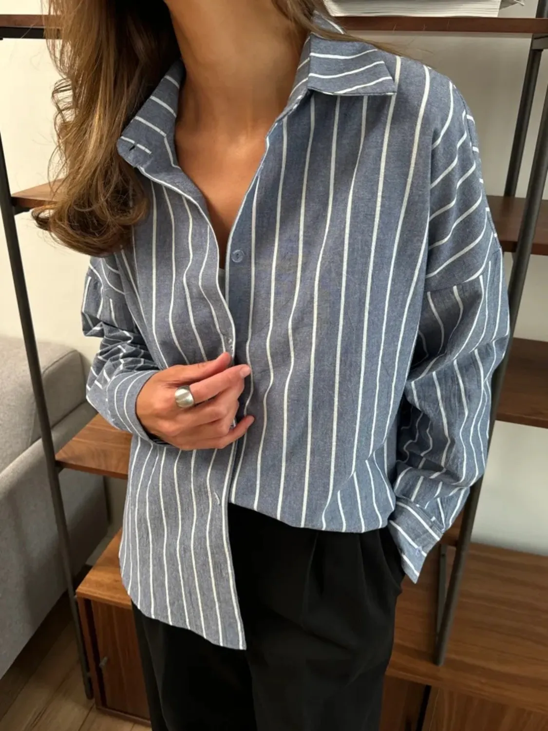 Striped Collared Neck Long Sleeve Shirt - Image 10