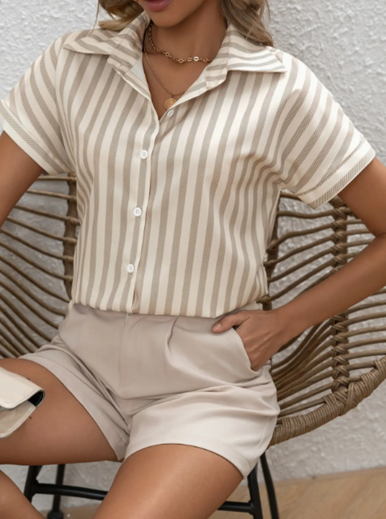 Striped Collared Neck Short Sleeve Shirt - Image 2