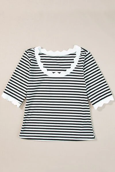 Striped Contrast Scallop Trim Half Sleeve T-shirt - Image 6