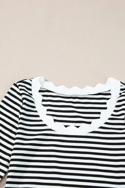 Striped Contrast Scallop Trim Half Sleeve T-shirt - Image 8
