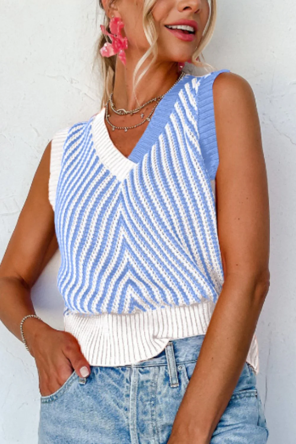 Striped Contrast V-Neck Sweater Vest - Image 2