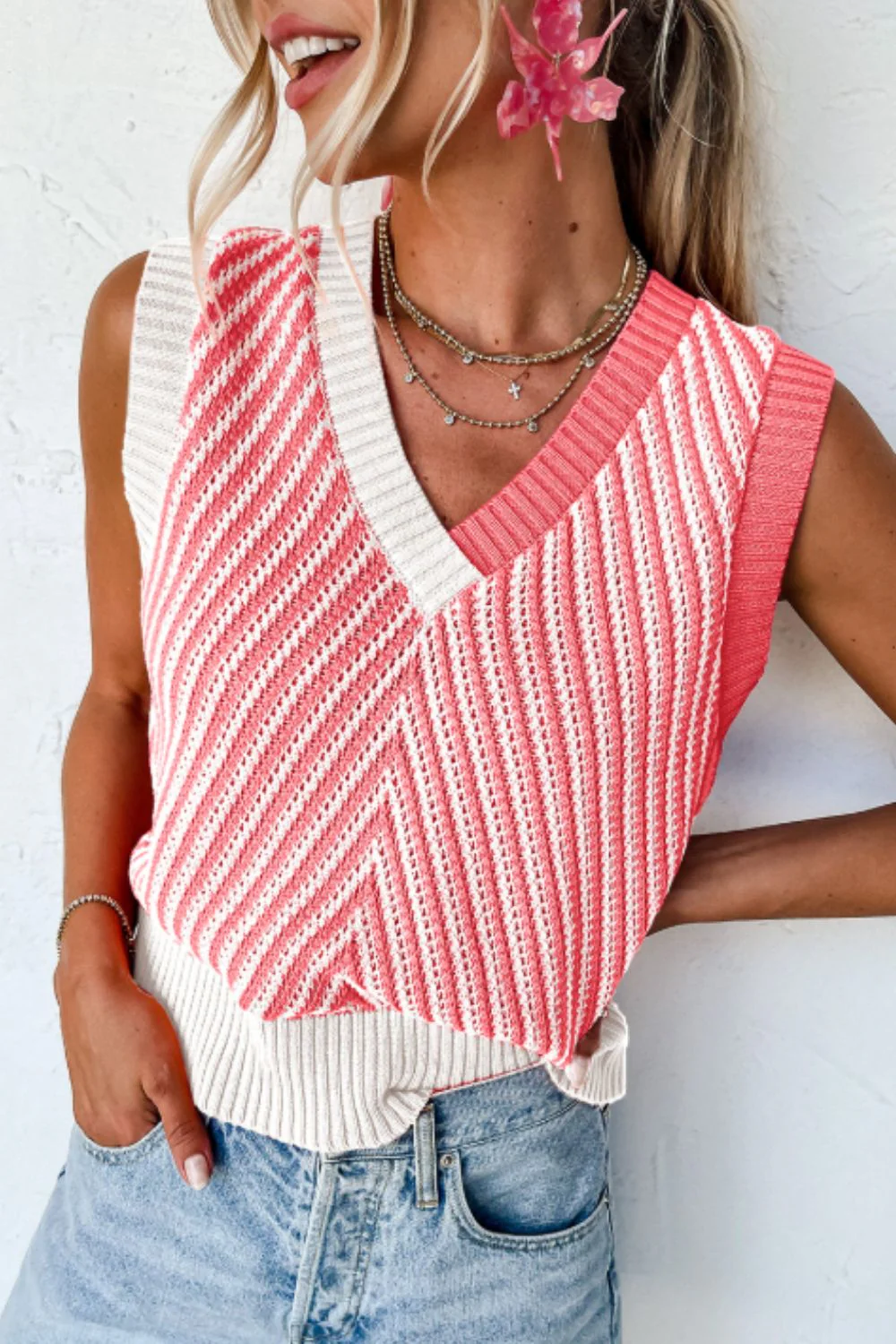 Striped Contrast V-Neck Sweater Vest - Image 4
