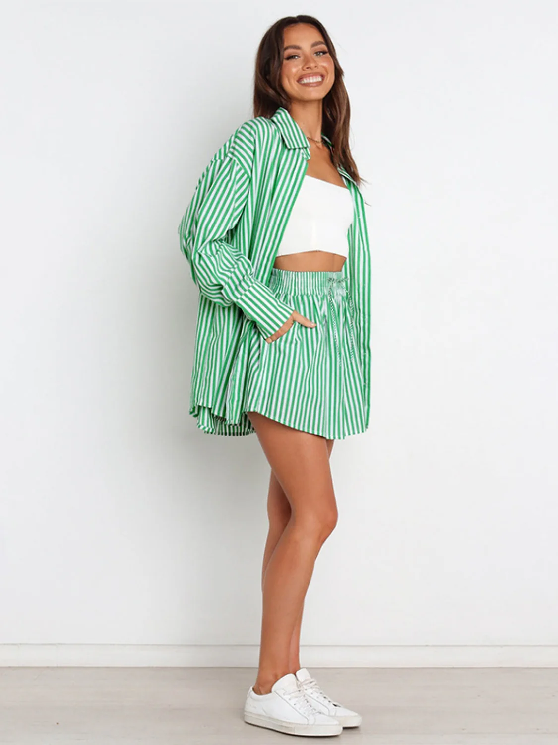 Striped Dropped Shoulder Shirt and Shorts Set - Image 10