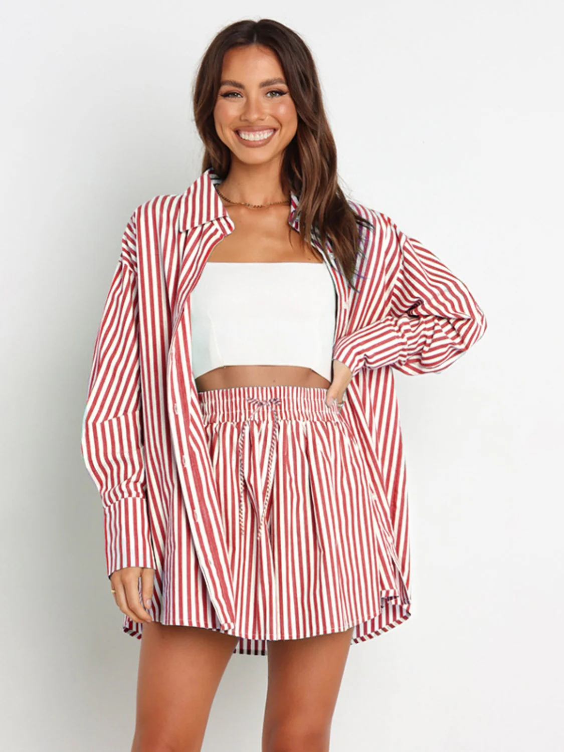 Striped Dropped Shoulder Shirt and Shorts Set - Image 12