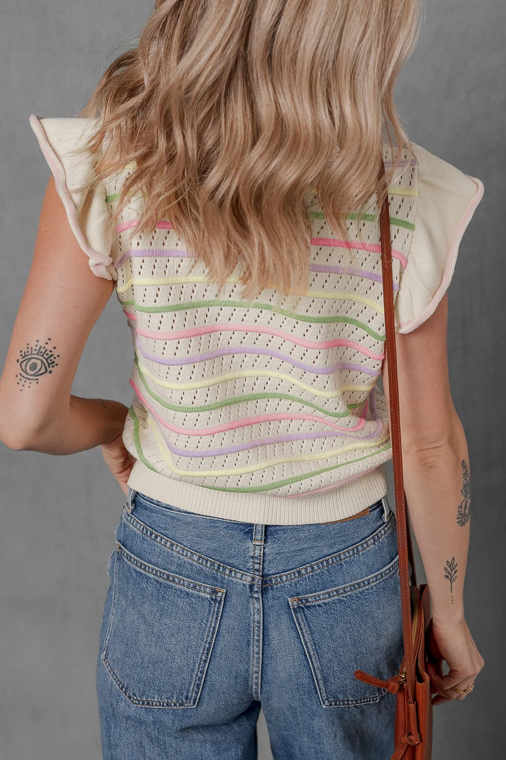Striped Eyelet Ruffled Sleeve Sweater Sweater Vest - Image 3