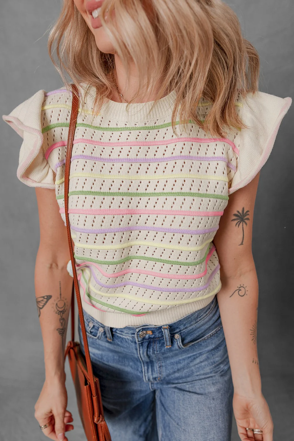 Striped Eyelet Ruffled Sleeve Sweater Sweater Vest - Image 4