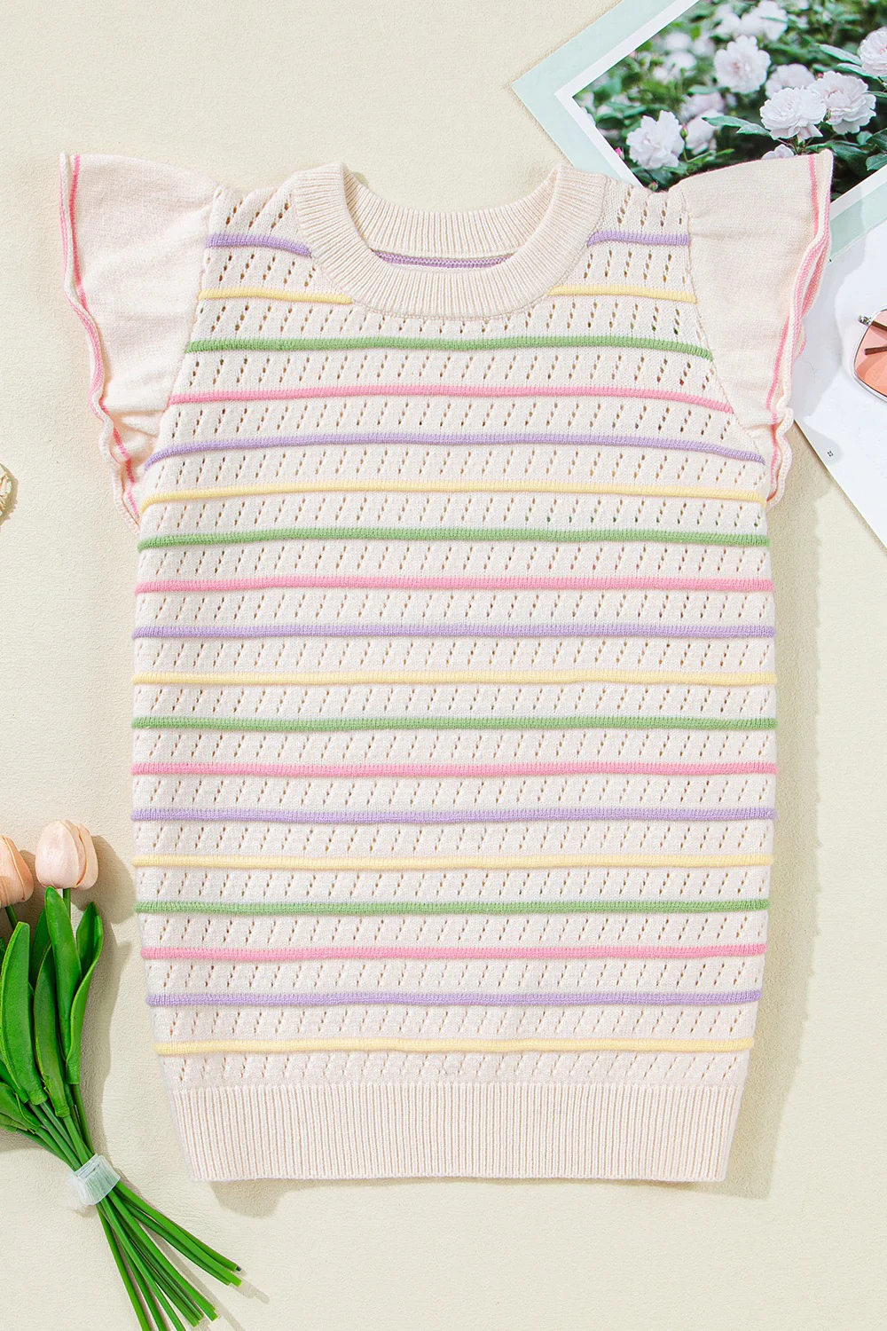 Striped Eyelet Ruffled Sleeve Sweater Sweater Vest - Image 5