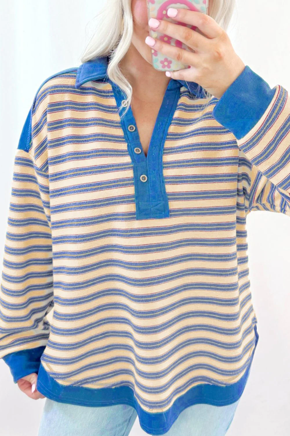 Striped Johnny Collar Long Sleeve Sweatshirt - Image 12