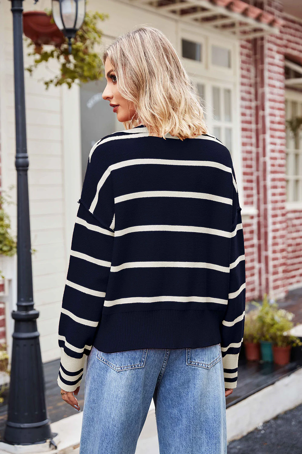 Striped Johnny Collar Sweater - Image 16